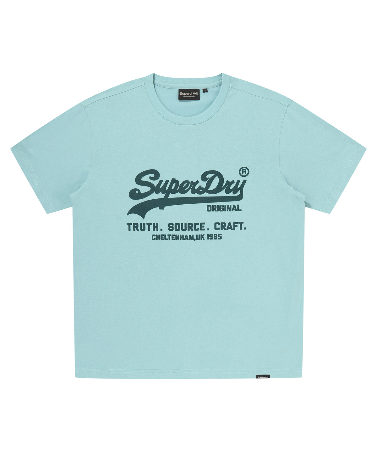 Light blue t-shirt with SuperDry logo and text on a white background