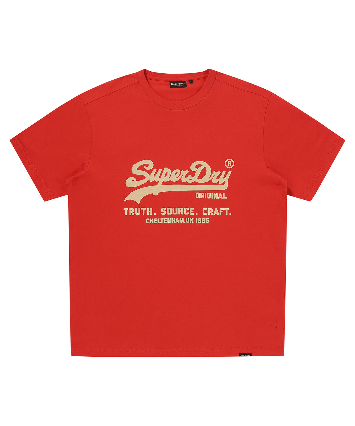 Red t-shirt with SuperDry logo and text on a white background