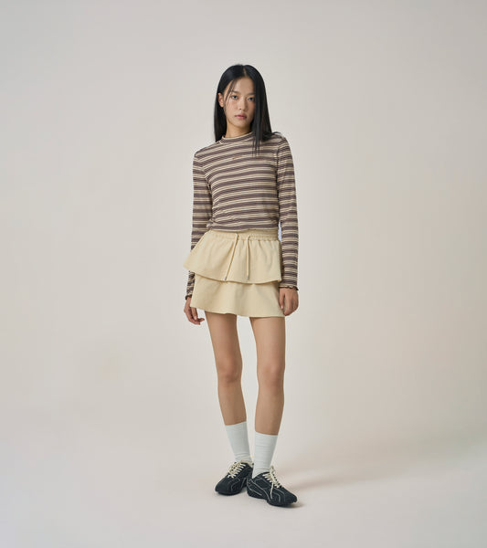 Corduroy Tiered Flare Mini Skirt - Light Beige