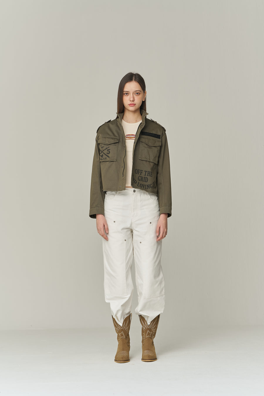 W Military Crop-Semi Over Jacket - Khaki