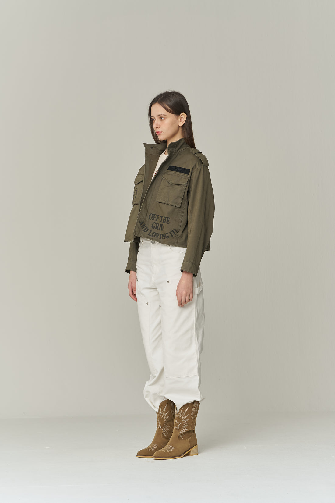 W Military Crop-Semi Over Jacket - Khaki