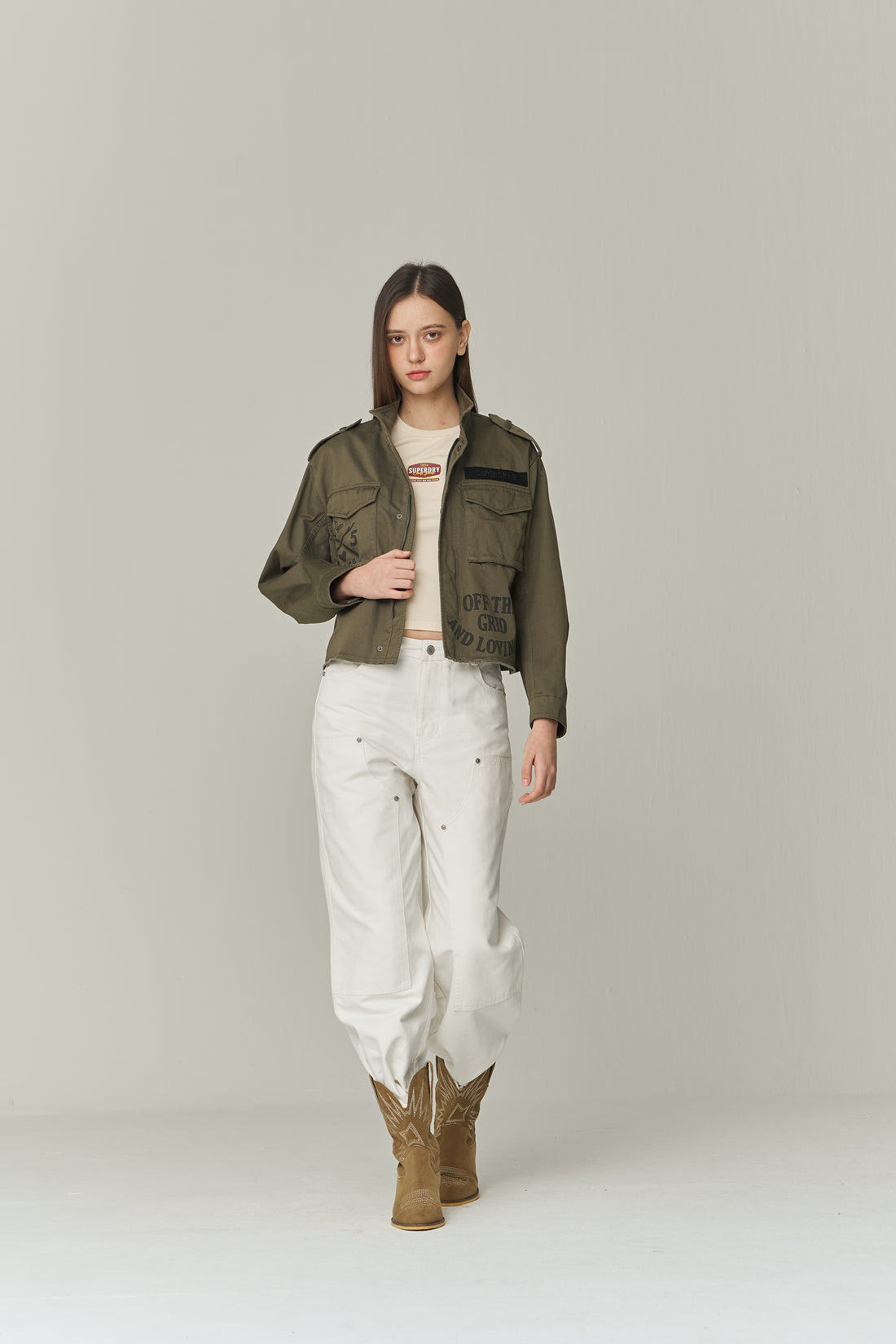 W Military Crop-Semi Over Jacket - Khaki