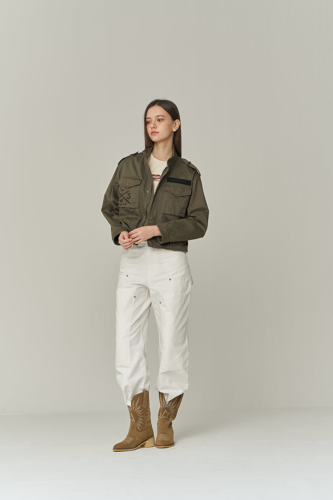 W Military Crop-Semi Over Jacket - Khaki