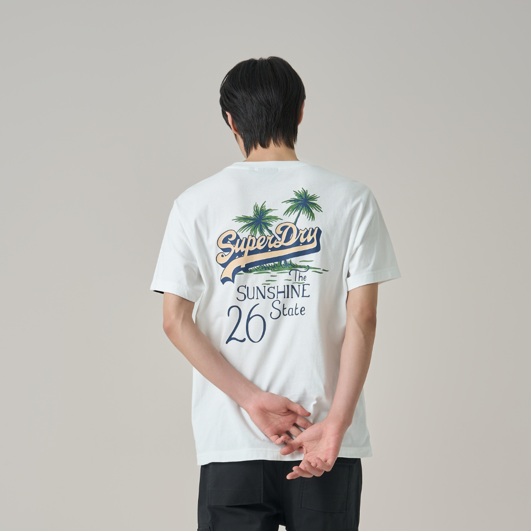SuperDry Tshirt with palm tree design on the back, standing against a plain background.