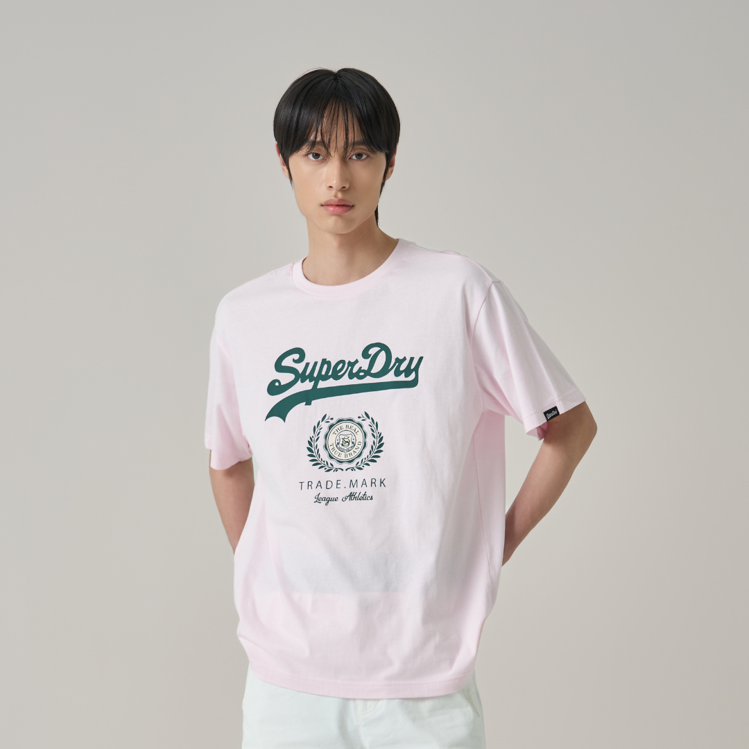 Pink SuperDry t-shirt with dark green Superdry logo