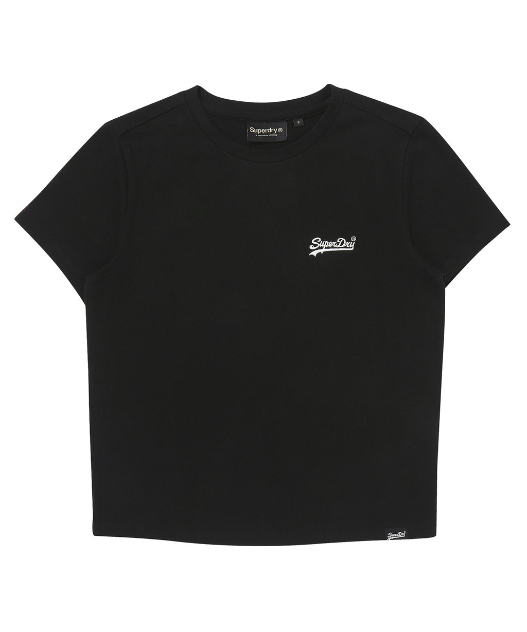 Black t-shirt with a small logo on the chest against a white background