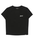 Black t-shirt with a small logo on the chest against a white background