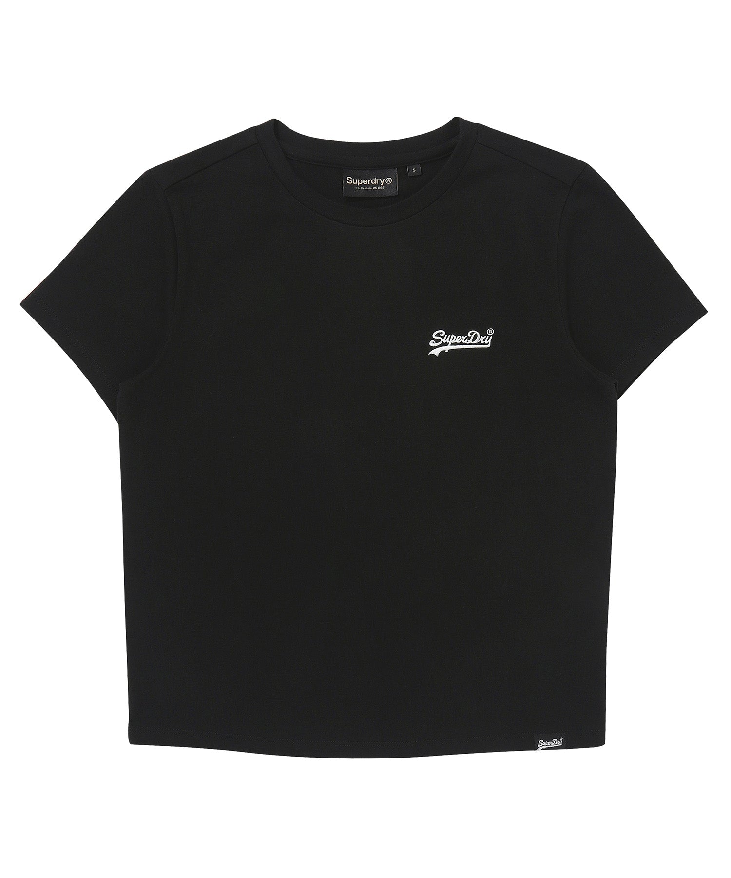 Black t-shirt with a small logo on the chest against a white background