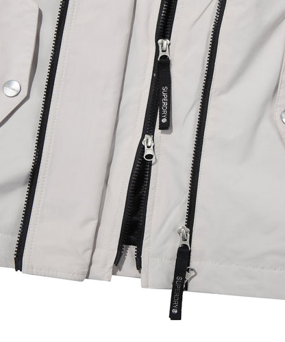 High Neck Windbreaker Jacket - Grey/Beige
