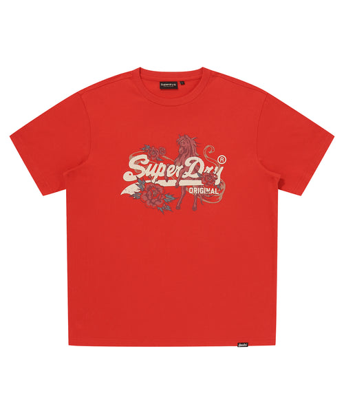 Cny Red Vintage Logo T-Shirt with horse motif graphic on the front