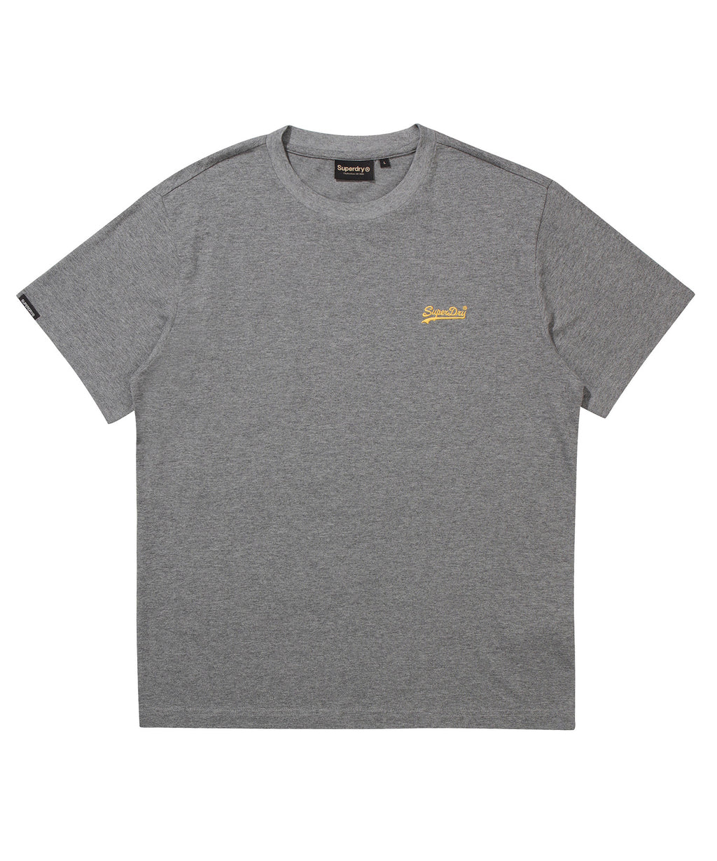 Gray t-shirt with a yellow logo on a white background