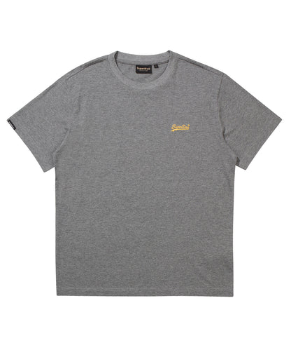 Gray t-shirt with a yellow logo on a white background