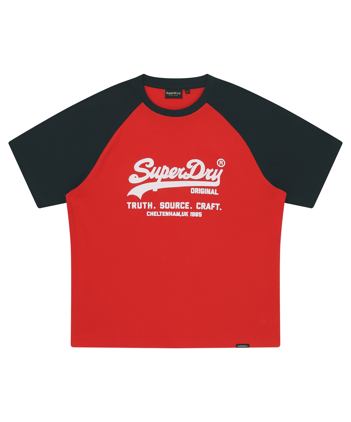 Red and black baseball-style t-shirt with SuperDry logo on a white background
