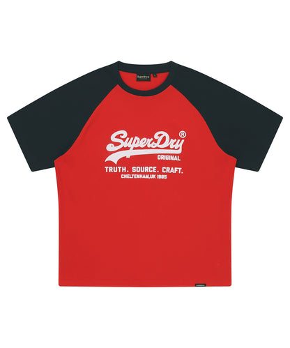 Red and black baseball-style t-shirt with SuperDry logo on a white background