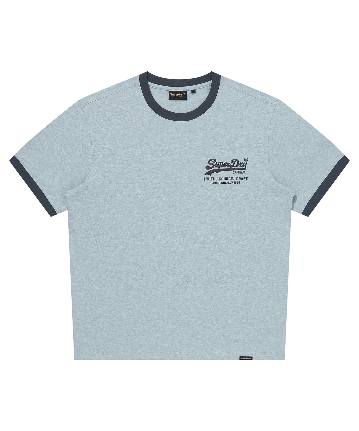 Light blue t-shirt with dark blue accents and a logo