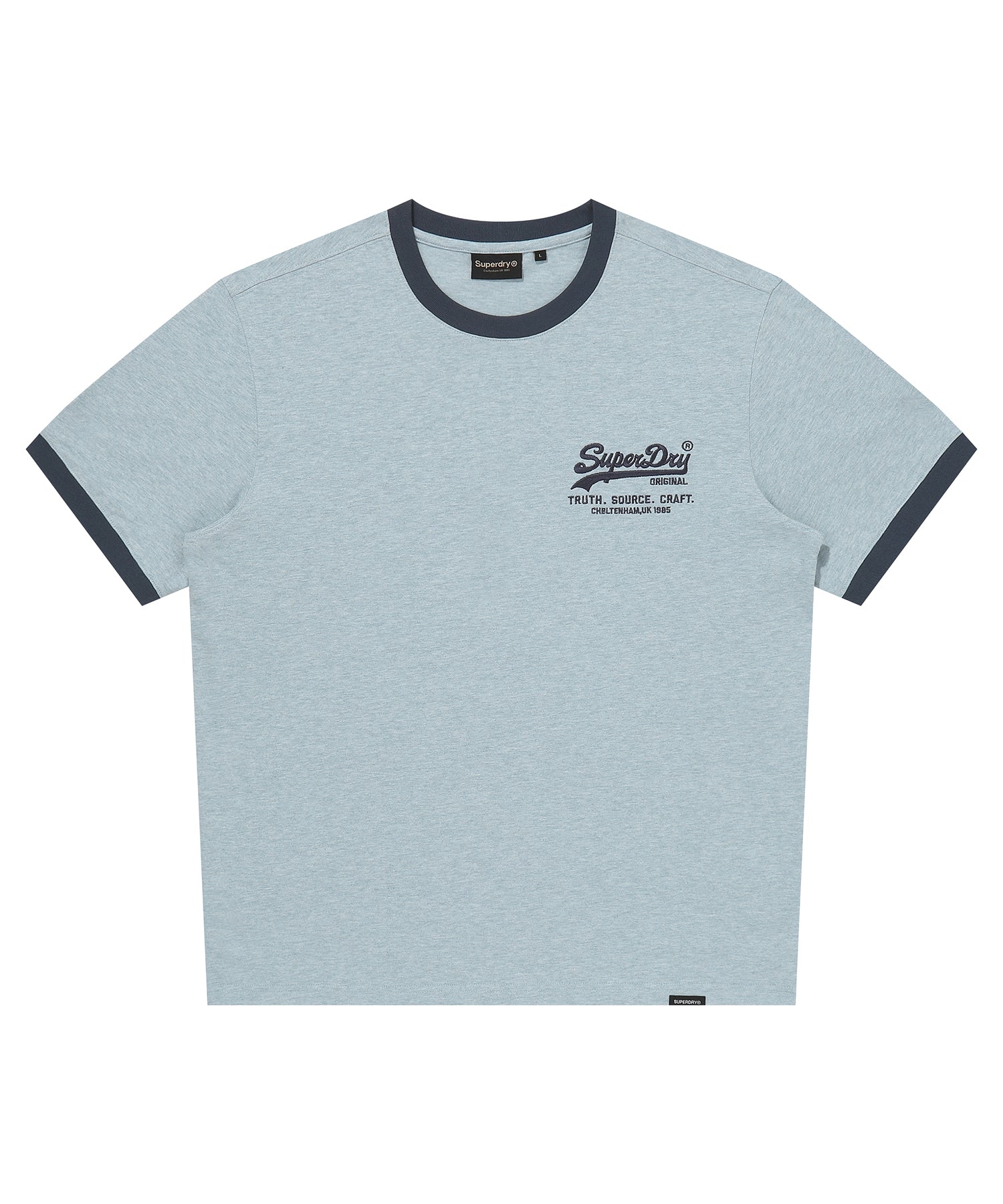 Light blue t-shirt with dark blue accents and a logo