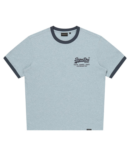 Light blue t-shirt with dark blue accents and a logo