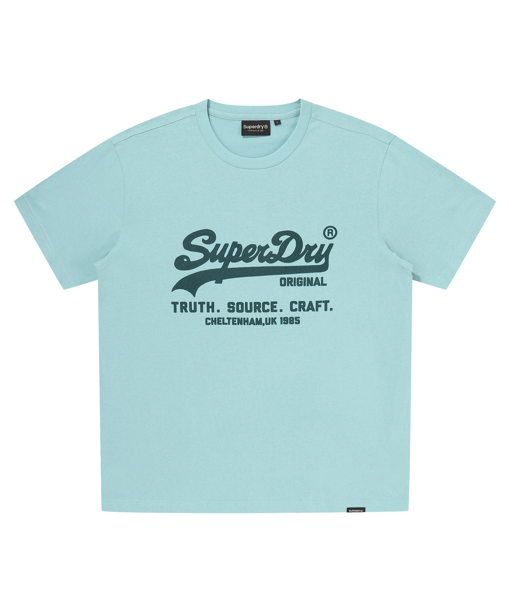Light blue t-shirt with SuperDry logo and text on a white background