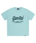 Light blue t-shirt with SuperDry logo and text on a white background