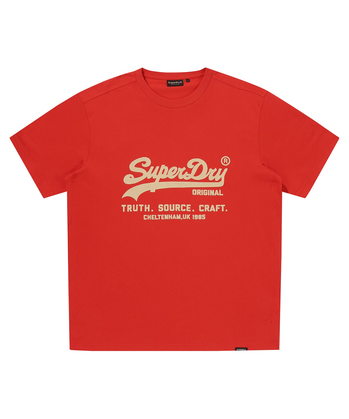 Red t-shirt with SuperDry logo and text on a white background