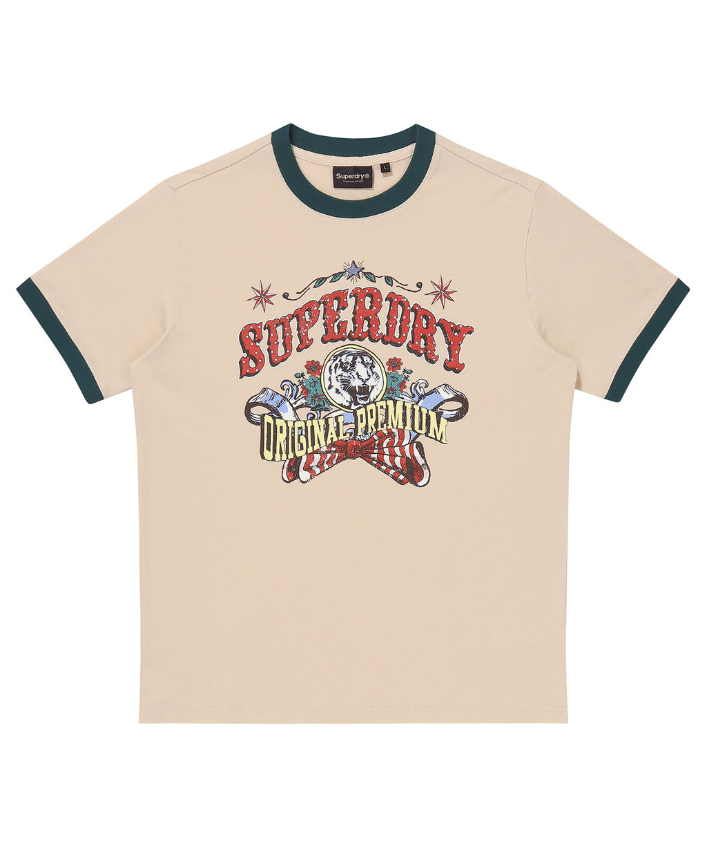 Beige t-shirt with Superdry logo and graphics on a white background