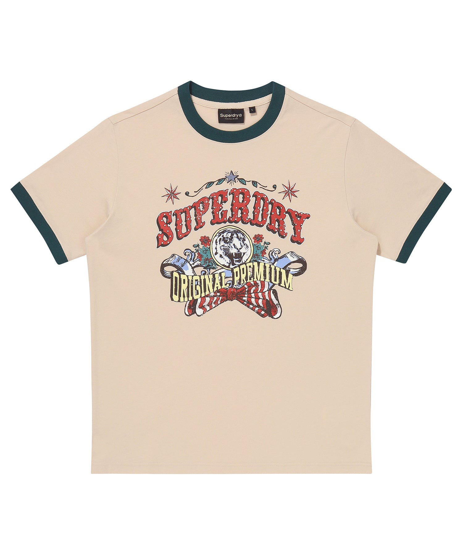 Beige t-shirt with Superdry logo and graphics on a white background