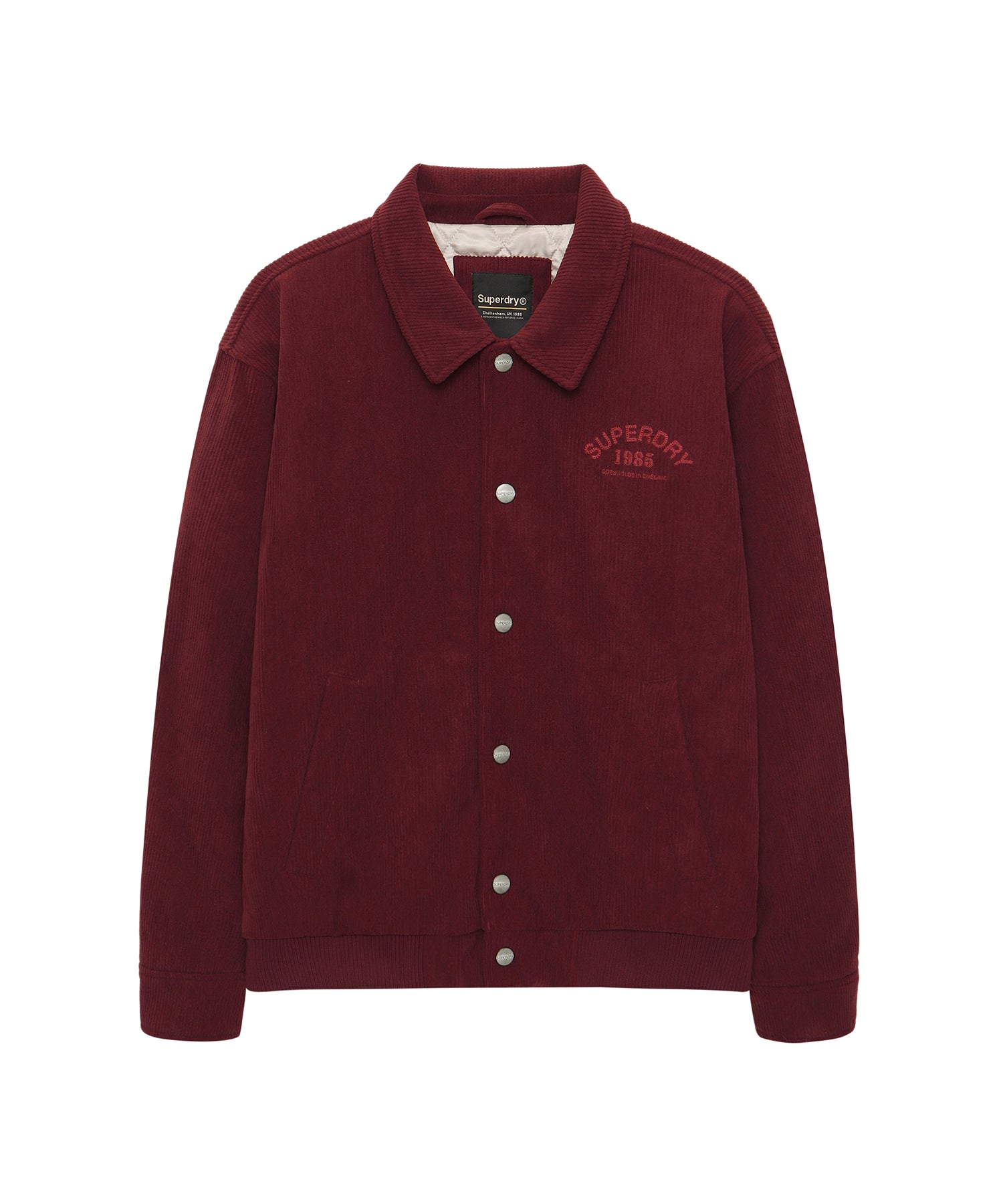 Semi Oversized Corduroy Padded Bomber Jacket with Embroidered Logo - Burgundy