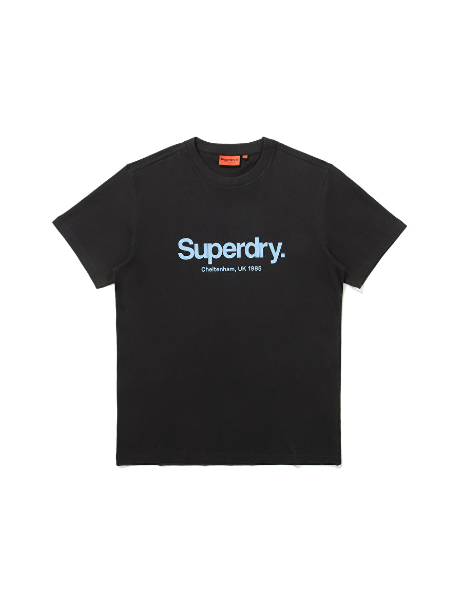 Black t-shirt with Superdry logo on a white background