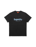 Black t-shirt with Superdry logo on a white background