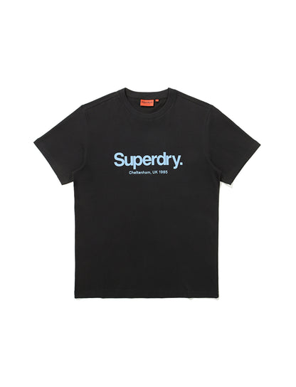 Black t-shirt with Superdry logo on a white background