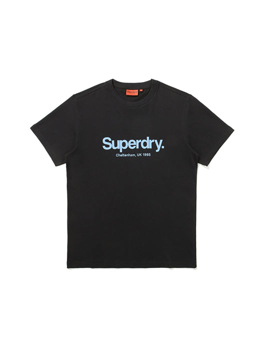 Black t-shirt with Superdry logo on a white background