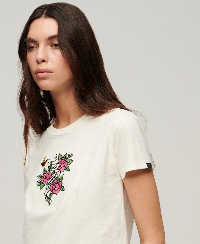 Tattoo Embroidered Fitted T-Shirt - Cream