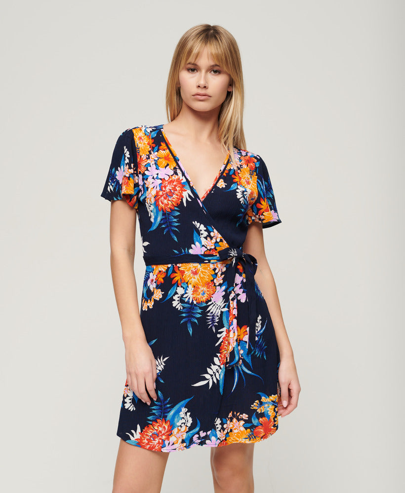 Printed Mini Wrap Dress - Anemore Navy