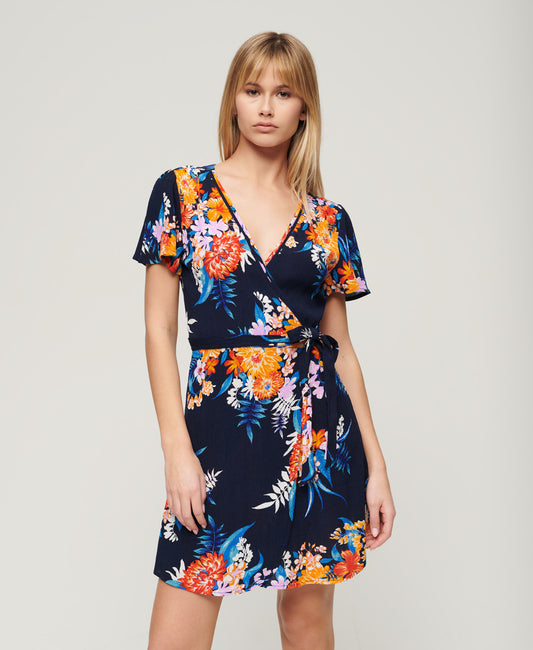 Printed Mini Wrap Dress - Anemore Navy