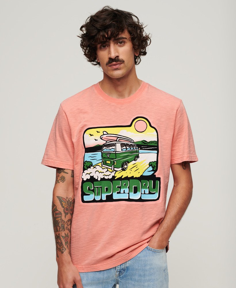 Neon Travel Graphic Loose T-Shirt - Peach Amber Pink Slub