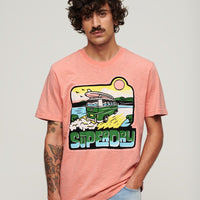 Neon Travel Graphic Loose T-Shirt - Peach Amber Pink Slub