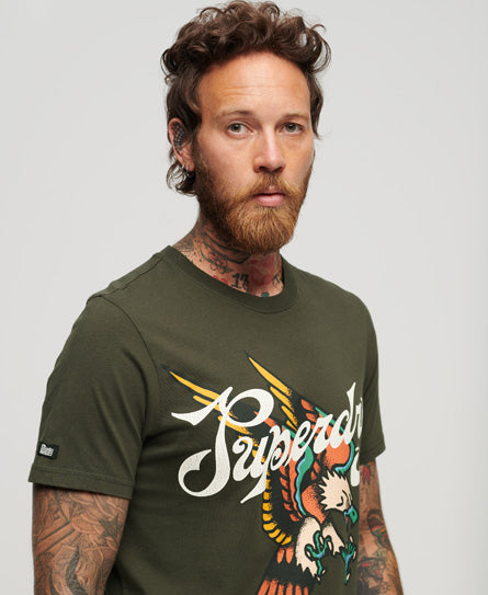 Tattoo Script Front Print T-Shirt - Dark Grey Green