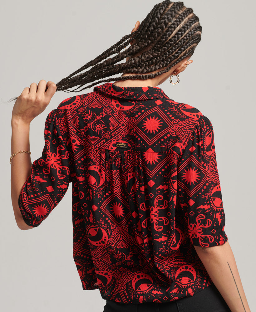 Ecovero Half-Length Sleeve Woven Top - Tarrot Print Red