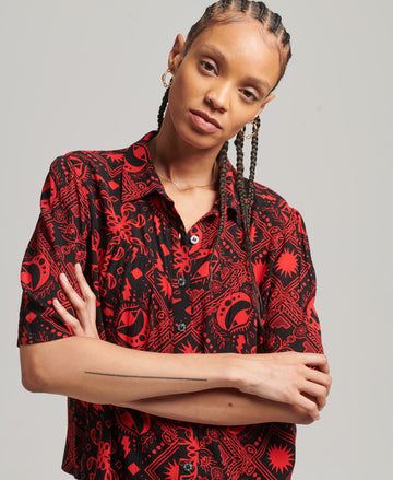 Ecovero Half-Length Sleeve Woven Top - Tarrot Print Red