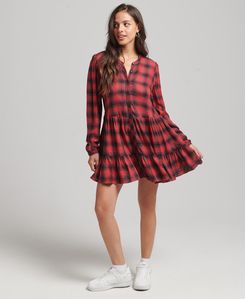Jersey Button Mini Dress - Red Check