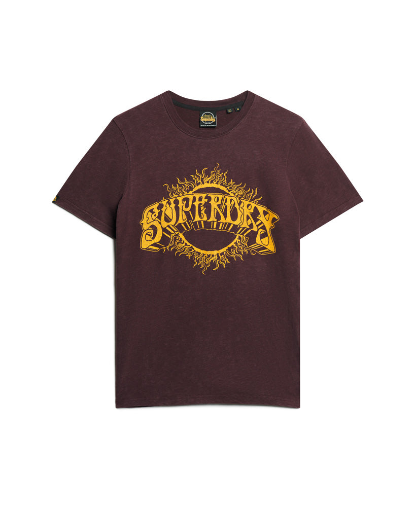 70S Lo-Fi Graphic Band T-Shirt - Rich Deep Burgundy Slub